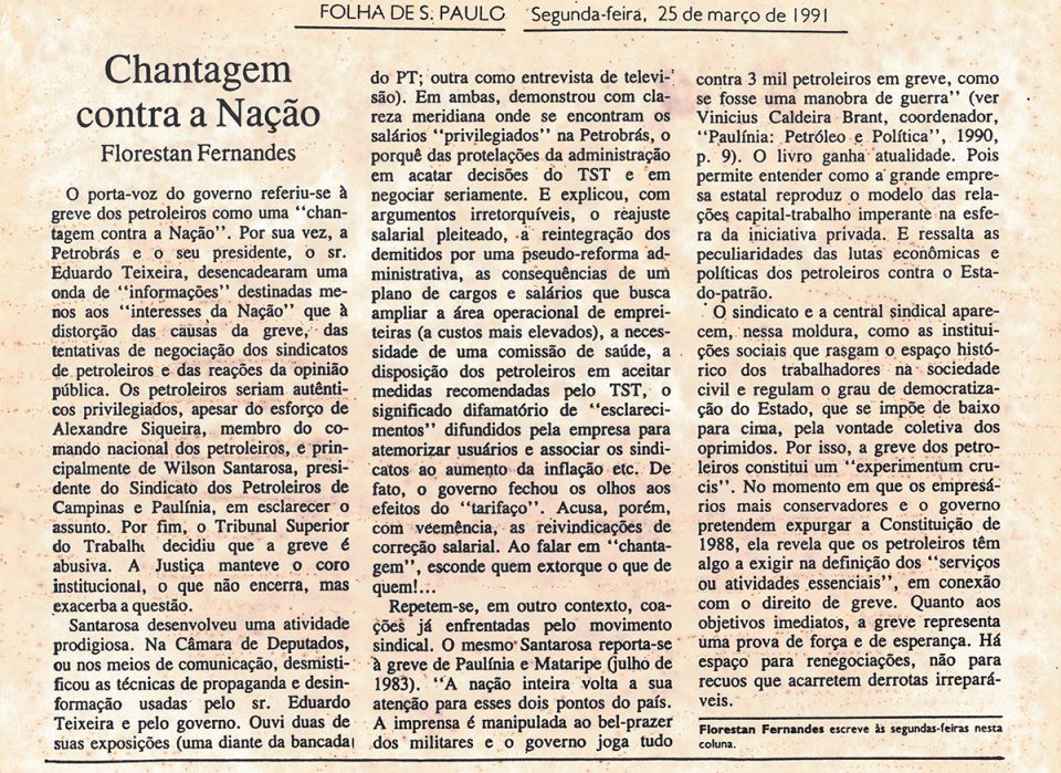 Santarosa foi elogiado por Florestan Fernandes pela sua liderança na greve de 1991, em artigo na Folha de S.Paulo